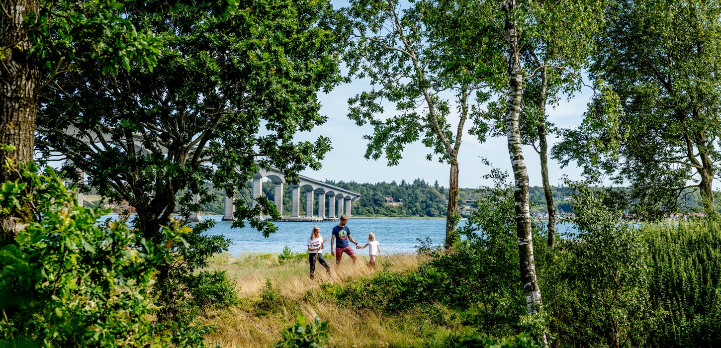 Familie i naturen på Mors, med Sallingsundbroen i baggrunden.