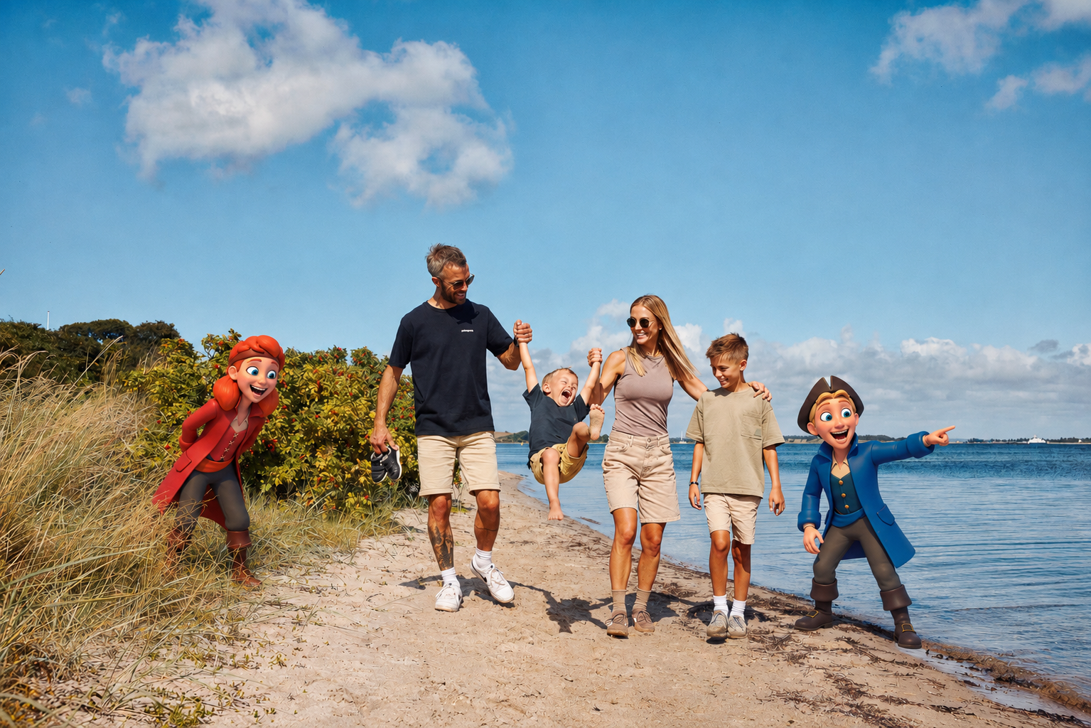 Familie på strand ved Limfjorden med Romkugle og Rødspætte
